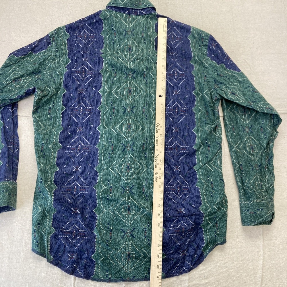 Vintage Wrangler Shirt Mens L Blue Green Striped Brushpopper Western Cowboy 90s - Picture 5 of 7